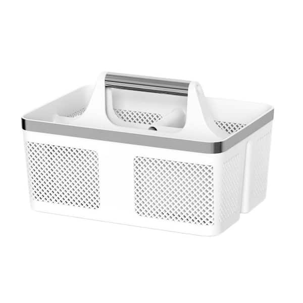 Portable Plastic Shower Caddy with Handle and Drainage Holes in White for Toiletry and Cleaning Supplies Storage