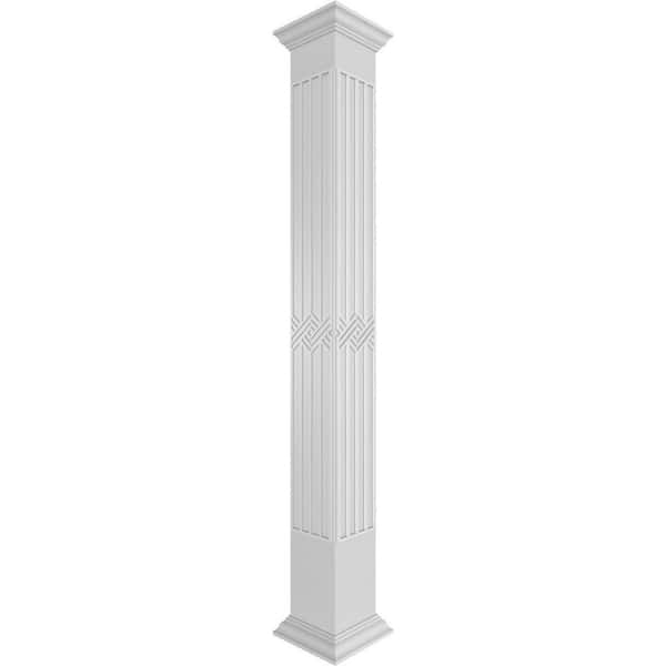 Ekena Millwork 7-5/8 in. x 8 ft. Premium Square Non-Tapered Zion Fretwork PVC Column Wrap Kit with Crown Capital and Base