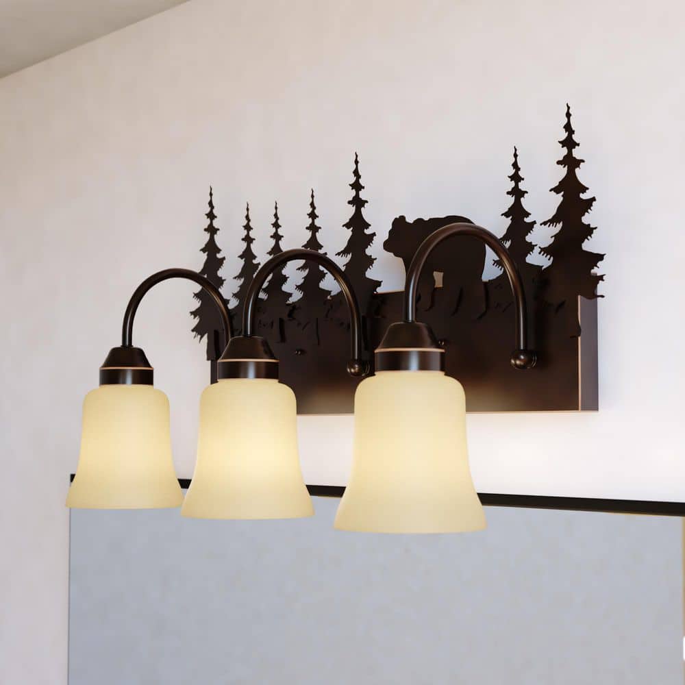 Bozeman 24.75 in. W 3-Light Burnished Bronze Vanity Light Fixture Rustic Bear Amber Flake Glass Bathroom Wall Lighting price history on PriceWatchPro