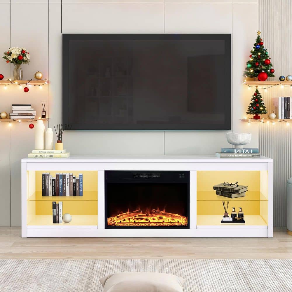 IHOMEadore 66 in. White Freestanding TV Stand Fits TVs Up to 75 in