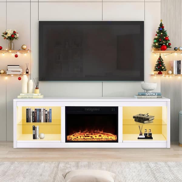 66 in. White Freestanding TV Stand Fits TVs Up to 75 in. with 23 in. Insert Electric Fireplace
