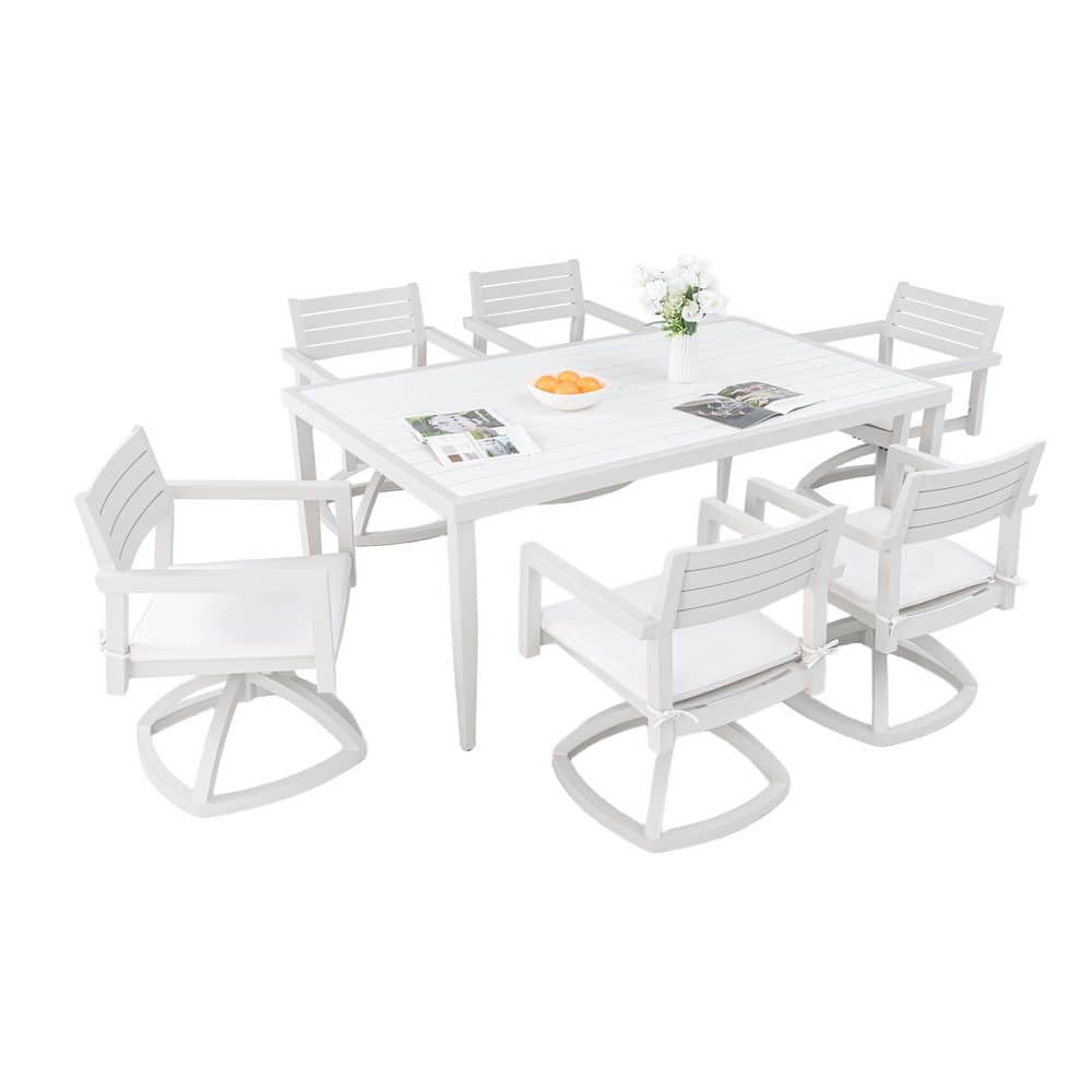 7 Piece Patio Aluminum Outdoor Dining Set with 6 Swivel Rockers, Sunbrella Cushions, 1 Rectangle Dining Table, White price history on PriceWatchPro
