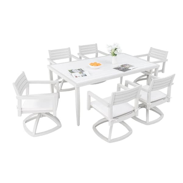 7 Piece Patio Aluminum Outdoor Dining Set with 6 Swivel Rockers, Sunbrella Cushions, 1 Rectangle Dining Table, White