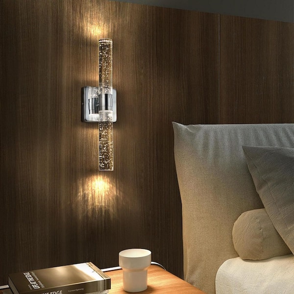 2-Pieces 17 in. W 1-Light Chrome Wall Sconce Vanity Light Crystal LED Wall Light with Bubble for Bathroom Hallways