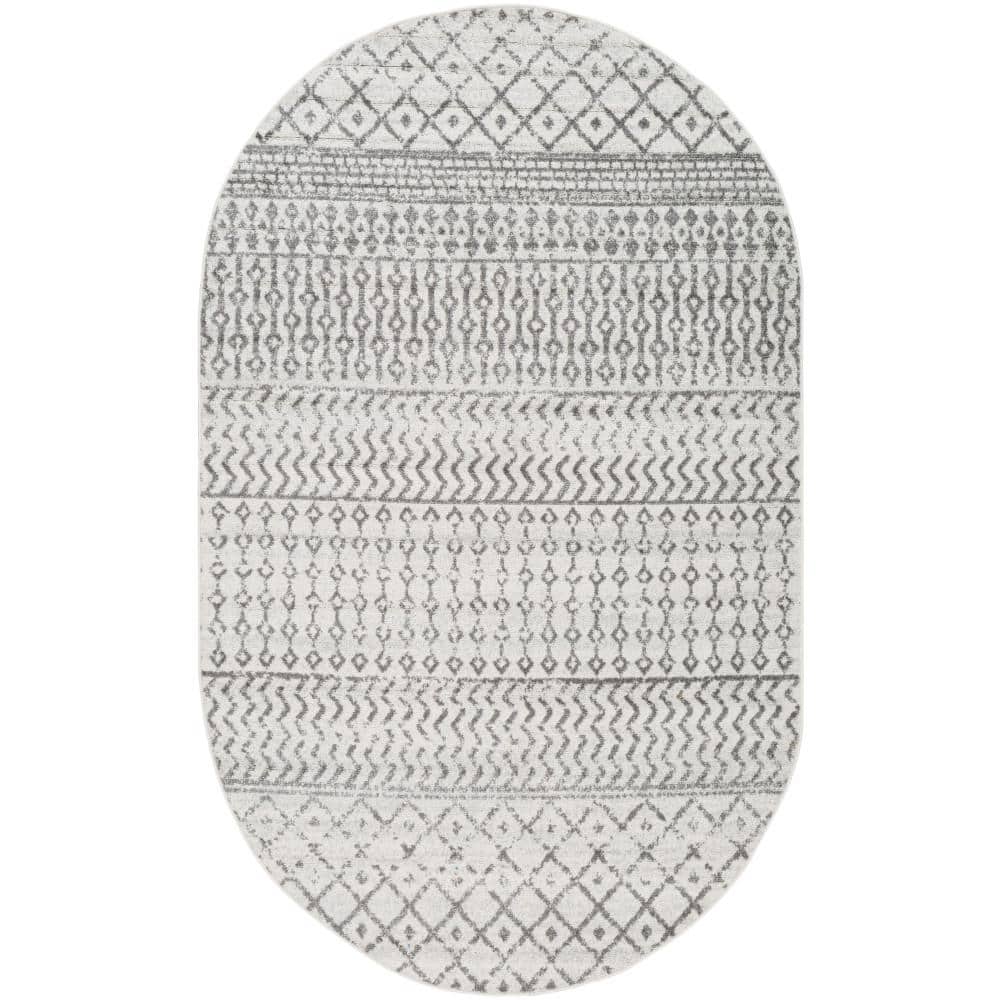 Louise Gray and White Synthetic Oval Area Rug 5' x 8'