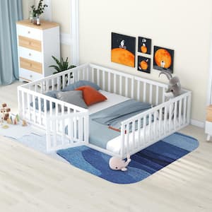 Queen Size Wood Daybed Frame with Fence, Queen Floor Bed with Door for Toddlers Kids, Box Spring Needed, White