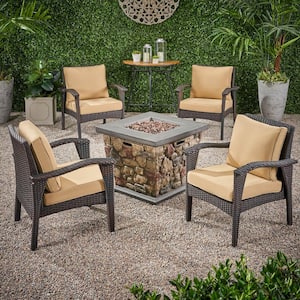 Kanihan Brown 5-Piece Faux Rattan Outdoor Patio Fire Pit Seating Set with Tan Cushions