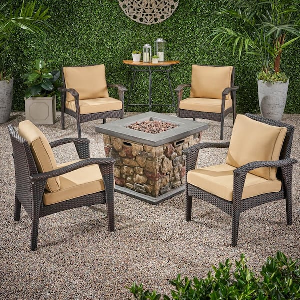 Noble House Kanihan Brown 5-Piece Faux Rattan Patio Fire Pit Seating Set with Tan Cushions