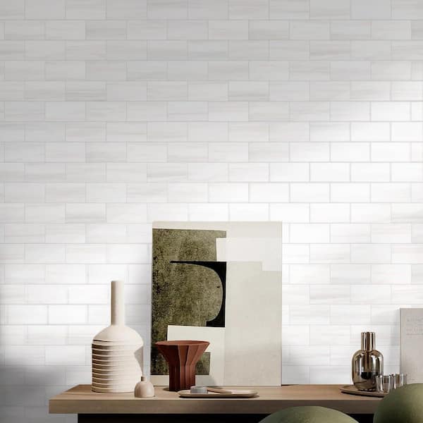 White 3 in. x 6 in. PVC Peel and Stick Backsplash Tile Glossy Wooden Marble Grain 100-Pack