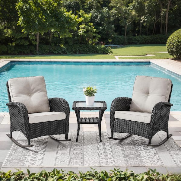 Gymojoy Annies Black 3-Piece Wicker Patio Conversation Bistro Rocking Chair Set with Beige Cushions and Glass Side Table