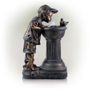 27 in. Tall Indoor/Outdoor Boy Drinking From Water Fountain with LED Lights, Bronze