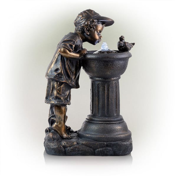 Alpine Corporation 27 in. Tall Indoor/Outdoor Boy Drinking From Water Fountain with LED Lights, Bronze