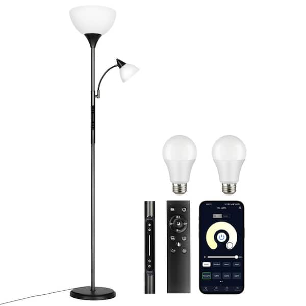 BICIK 71.5 in. Black 2-Light 2-In-1 Dimmable Torchiere Floor Lamp with Adjustable Reading Light