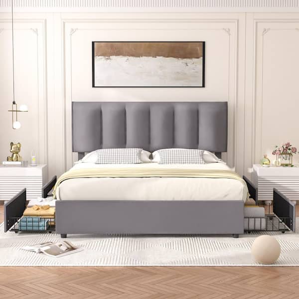 Upholstered Bed Frame, Gray Full Metal Frame With 4-Storage Drawers and Adjustable Headboard Platform Bed Frame