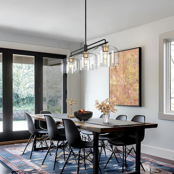 Modern Industrial 43.3 in. 3-Light Linear Black Pendant Light, Kitchen Island Hanging Lamp with Dome Clear Glass Shade