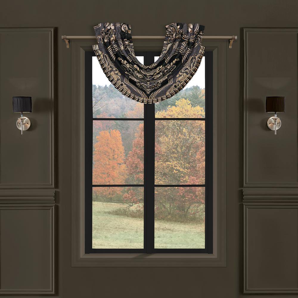 Gray Damask Waterfall Valance with Satin Trim