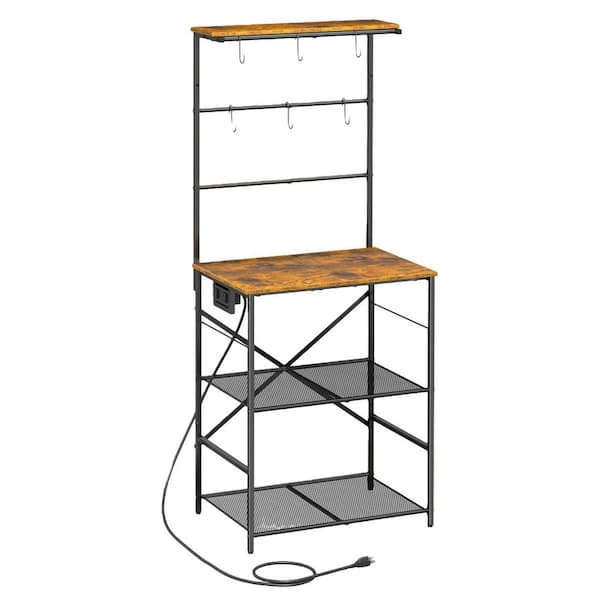 Brown Iron 15.74 in. x 23.62 in. x 57.13 in. 4-Tier Kitchen Bakers Rack with Power Outlet with 6 S Hooks for Kitchen