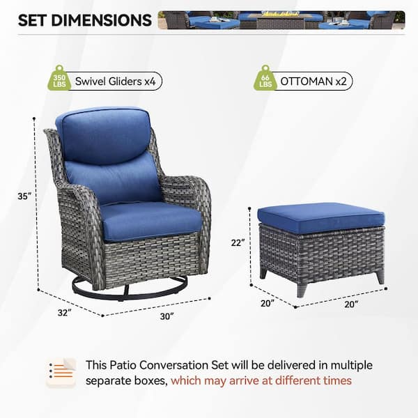 Luxury Gray Swivel Glider Wicker Patio Conversation Set with Blue Olefin 5 in. Thick Cushions/Ottoman (4-Piece)