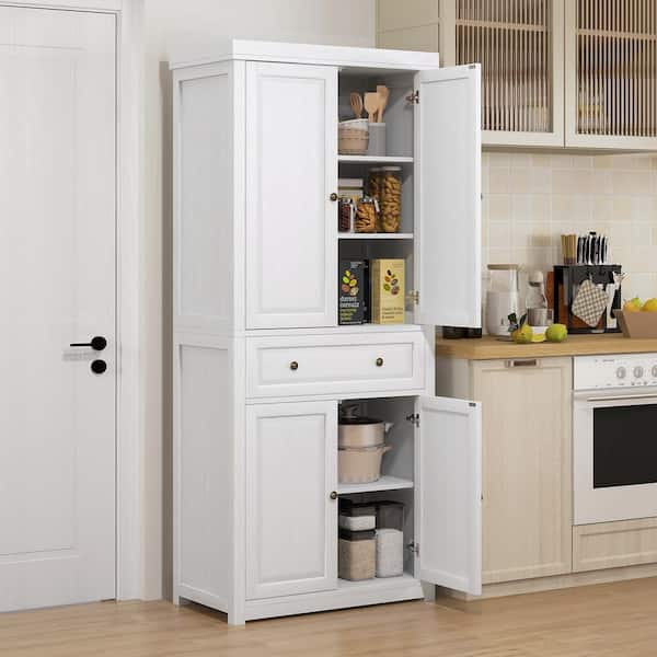 HOMCOM White Wood 30 in. Pantry Cabinet with Adjustable Shelves, Farmhouse Doors and Drawer