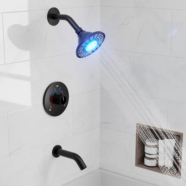 YAWWALK Single Handle 1-Spray Tub and Shower Faucet 5 in. LED 3-Color Shower Head in Matte Black (Valve Included)