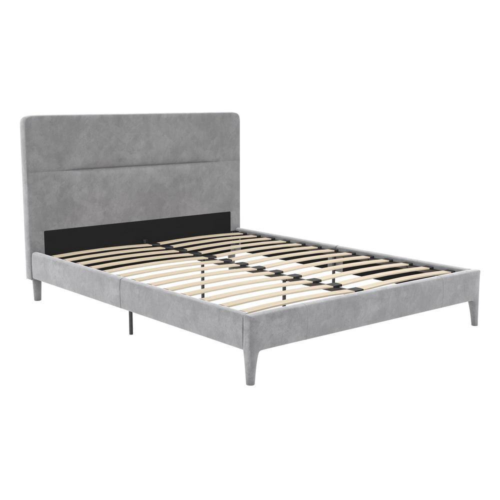 Full Light Gray Velvet Upholstered Platform Bed with Tufted Headboard