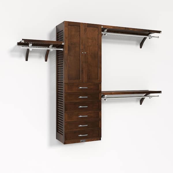 72 in. W-120 in. W Chestnut Walk in with 6 Shaker Style Drawers and Wood Door 16 in. -Shelf Wood Closet System