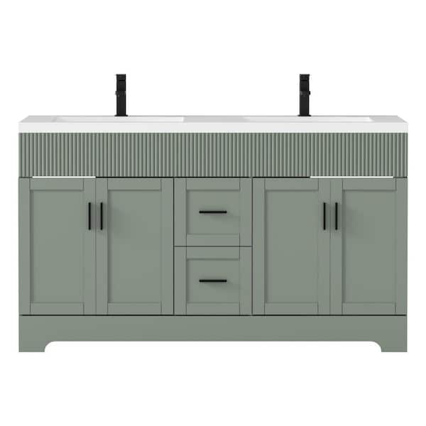 60 in. W. x 18.3 in. D x 33.7 in. H Double Sink Freestanding Bath Vanity Green with White resin Top and Drain Faucet Set