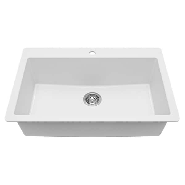 33 in. Drop-In Single Bowl White Granite Composite Kitchen Sink with Stainless Steel Strainer