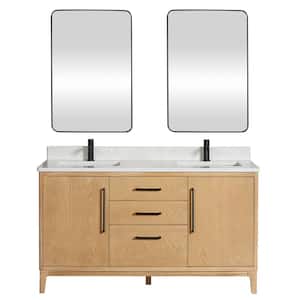 Gara 60 in. W x 22 in. D x 33.9 in. H Double Sink Bath Vanity in Grey with White Grain Composite Stone Top and Mirror