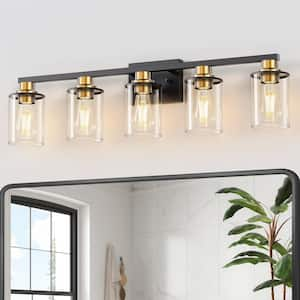 33 in. 5 Light Bathroom Vanity Light,Black and Gold Light with Clear Glass Shade, Black Wall Sconce for Bathroom,Bedroom