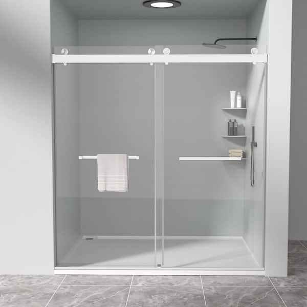 Frameless Double Sliding Shower Door, Fits 68-72 in. W x 76 in. H, with Clear Glass Modern Style, Brushed Nickel