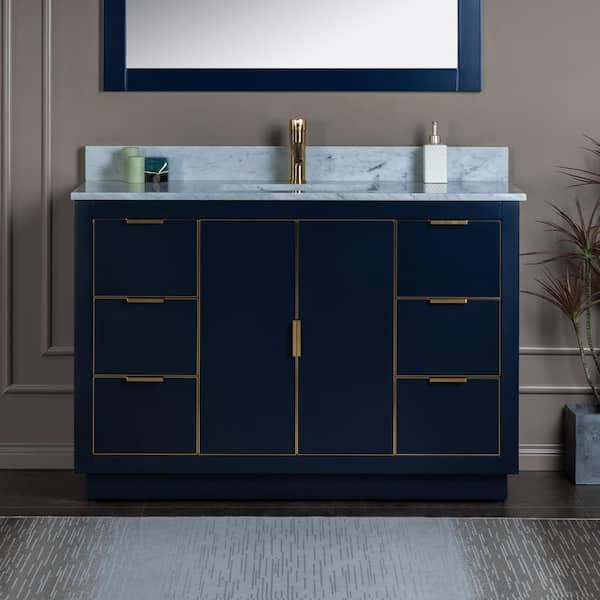 WOODBRIDGE Venice 49 in.W x 22 in.D x 38 in.H Bath Vanity in Navy Blue with Marble Vanity Top in White with White Sink