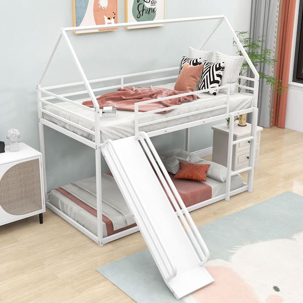 White Metal Twin over Twin House Bunk Bed with Convertible Ladder and Slide