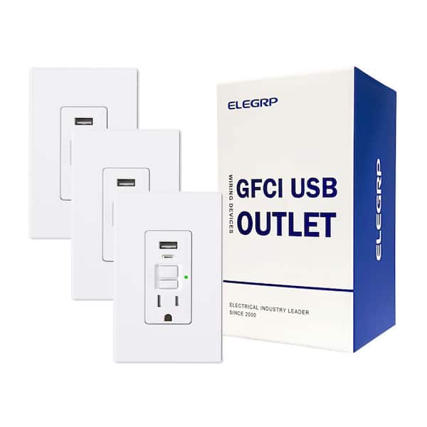15 Amp Tamper Resistant Self-Test GFCI Outlet, USB Charger Receptacle, Type A, Type C, White (3-Pack)