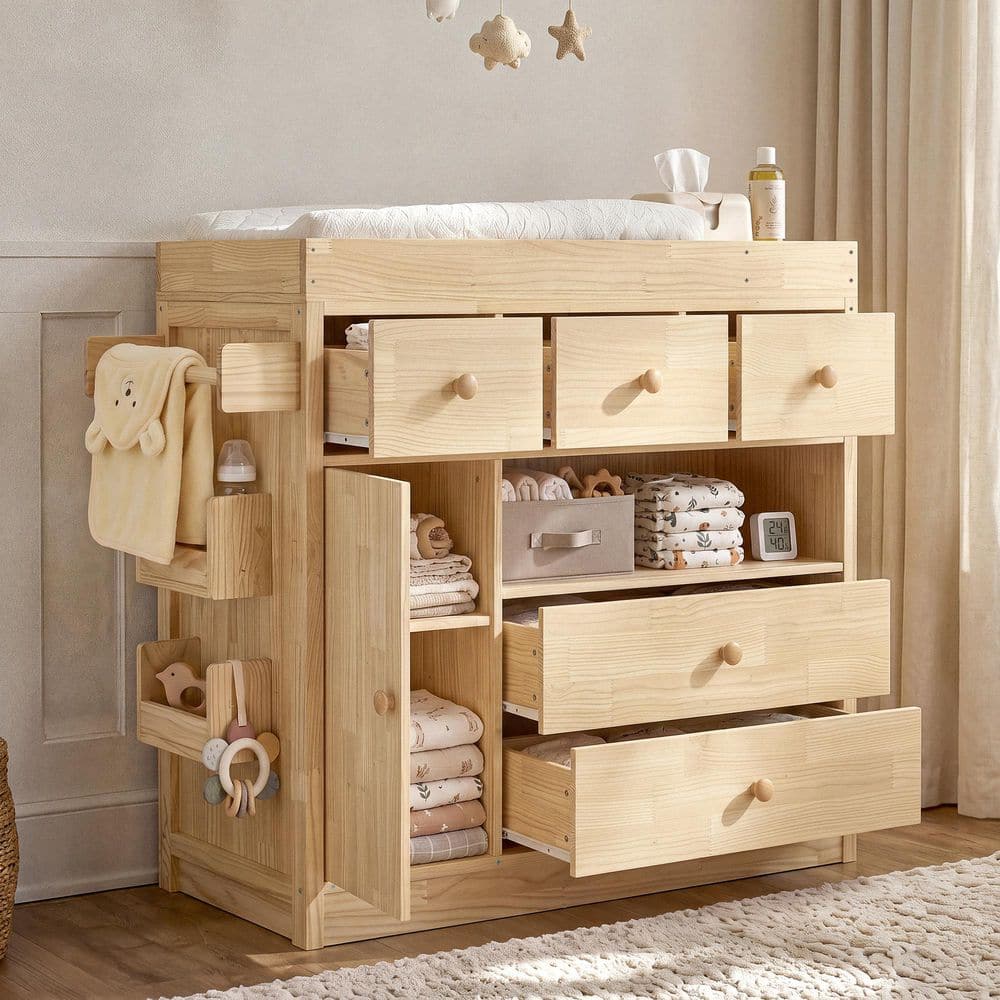 Natural 4-Drawer 39.4 in. Wide Bedroom Dresser without Mirror with Cabinet, Side Shelves, Towel Bar and Guard Rails