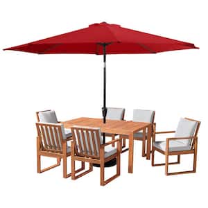 8 Piece Set, Weston Wood Outdoor Dining Table Set with 6 Cushioned Chairs, and 10-Foot Auto Tilt Umbrella Red