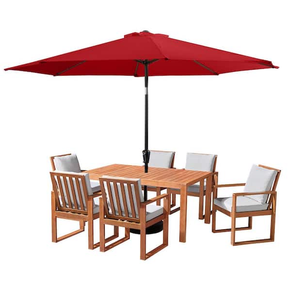 Alaterre Furniture 8 Piece Set, Weston Wood Outdoor Dining Table Set with 6 Cushioned Chairs, and 10-Foot Auto Tilt Umbrella Red