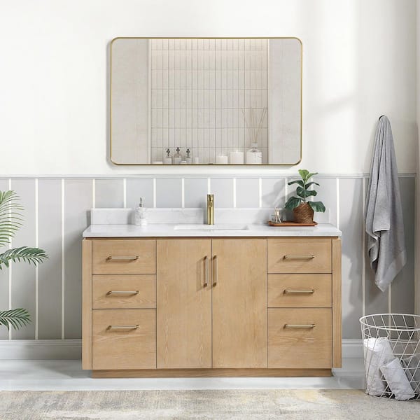 San 60 in.W x 22 in.D x 33.8 in.H Single Sink Bath Vanity in Washed Ash Grey with White Composite Stone Top