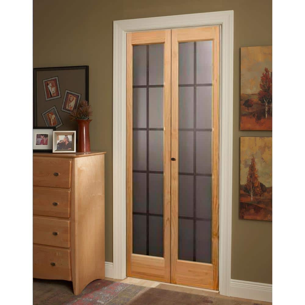 Unfinished Pine 30" x 80" Full Glass Bifold Door with Brass Hinges