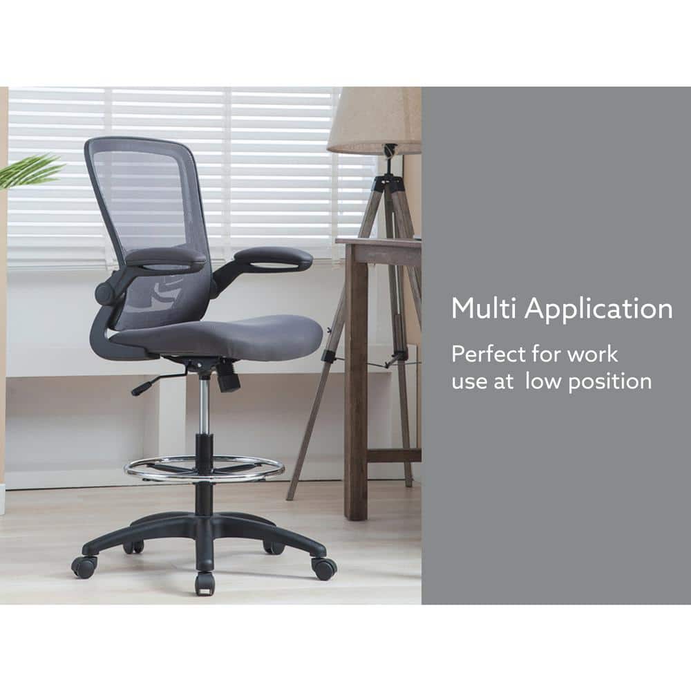 Gray High Desk Ergonomic Drafting Tall Office Chair for Standing Desk with Flip-Up Arms, Breathable Mesh - Thumbnail 3