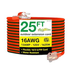 25 ft. 16/3 SJTW Outdoor Extension Cord - Orange with Lighted Green Ends