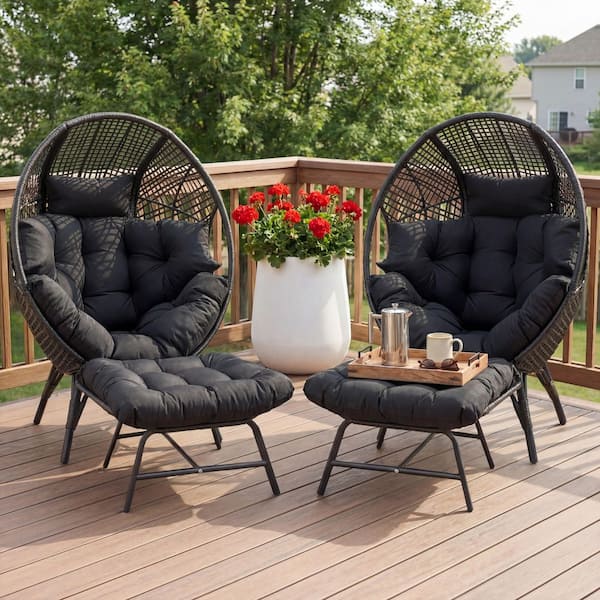 Set of 2 PE Wicker Indoor/Outdoor Lounge Egg Chairs with 2-Ottomans and Dark Gray Cushions for Patio Porch Balcony