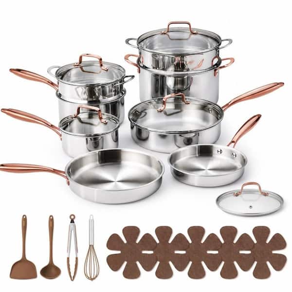 Gold 21 Piece Stainless Steel Cookware Set, Tri-Ply Fully Clad Non Toxic Induction Kitchen Pots and Pans Set