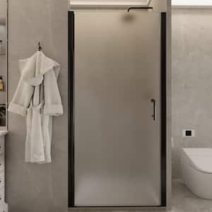 36 to 37-3/8 in. W x 72 in. H Pivot Frameless Swing Corner Shower Panel with Shower Door in Black with Frosted Glass