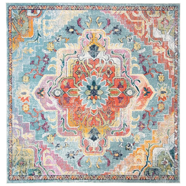 Crystal Teal/Orange 5 ft. x 5 ft. Square Border Area Rug