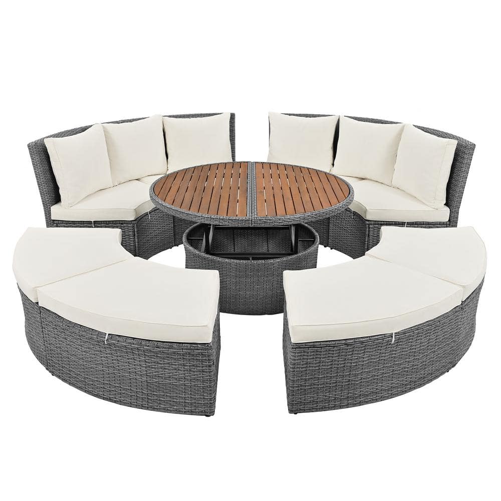 5-Piece Gray Wicker Outdoor Sectional Set, Free Combination Daybed with Lif