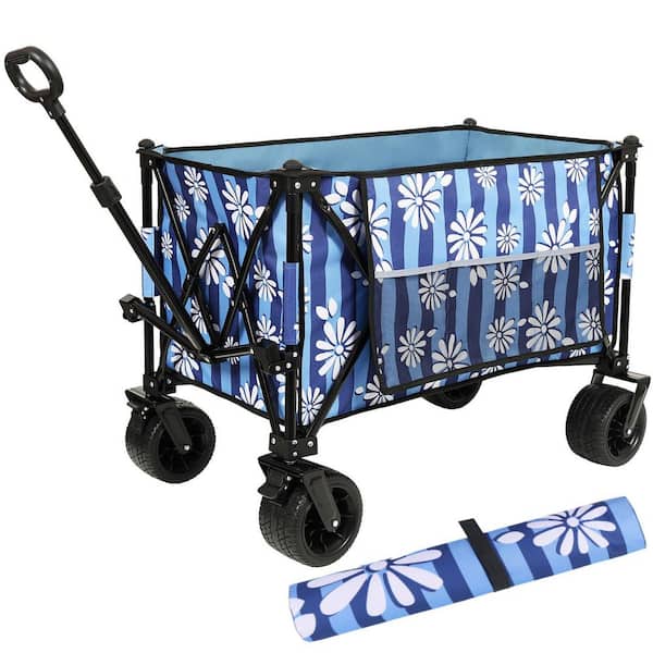 5.3 cu. ft. Steel Garden Cart with Patterns/Drink Holders/Brakes/Side Pocket/Picnic Mat in Blue