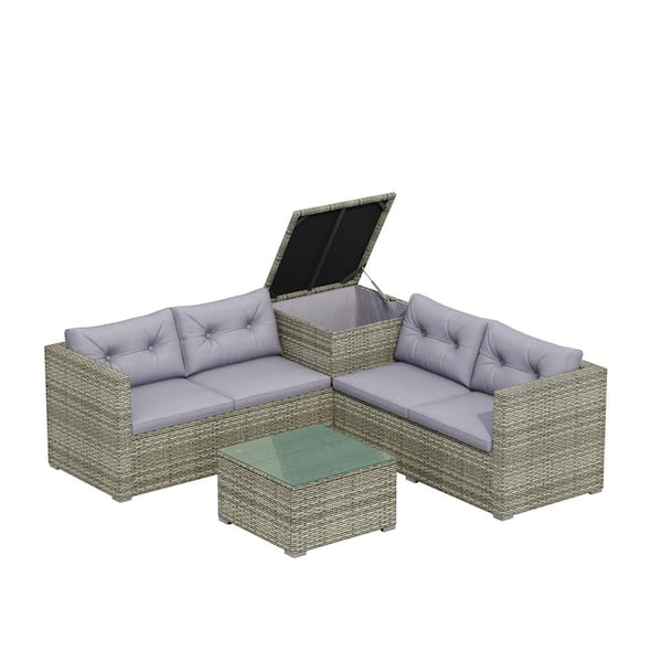 Willit 4-Piece Wicker Patio Conversation Sofa Seating Set with Gray Cushions, Storage Box