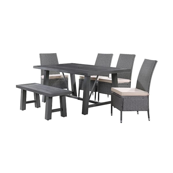 Ernesto Grey 6-Piece Poly Wood Rectangle Standard Height Outdoor Dining Set with 4 Grey Cushions Chairs And 1 Bench