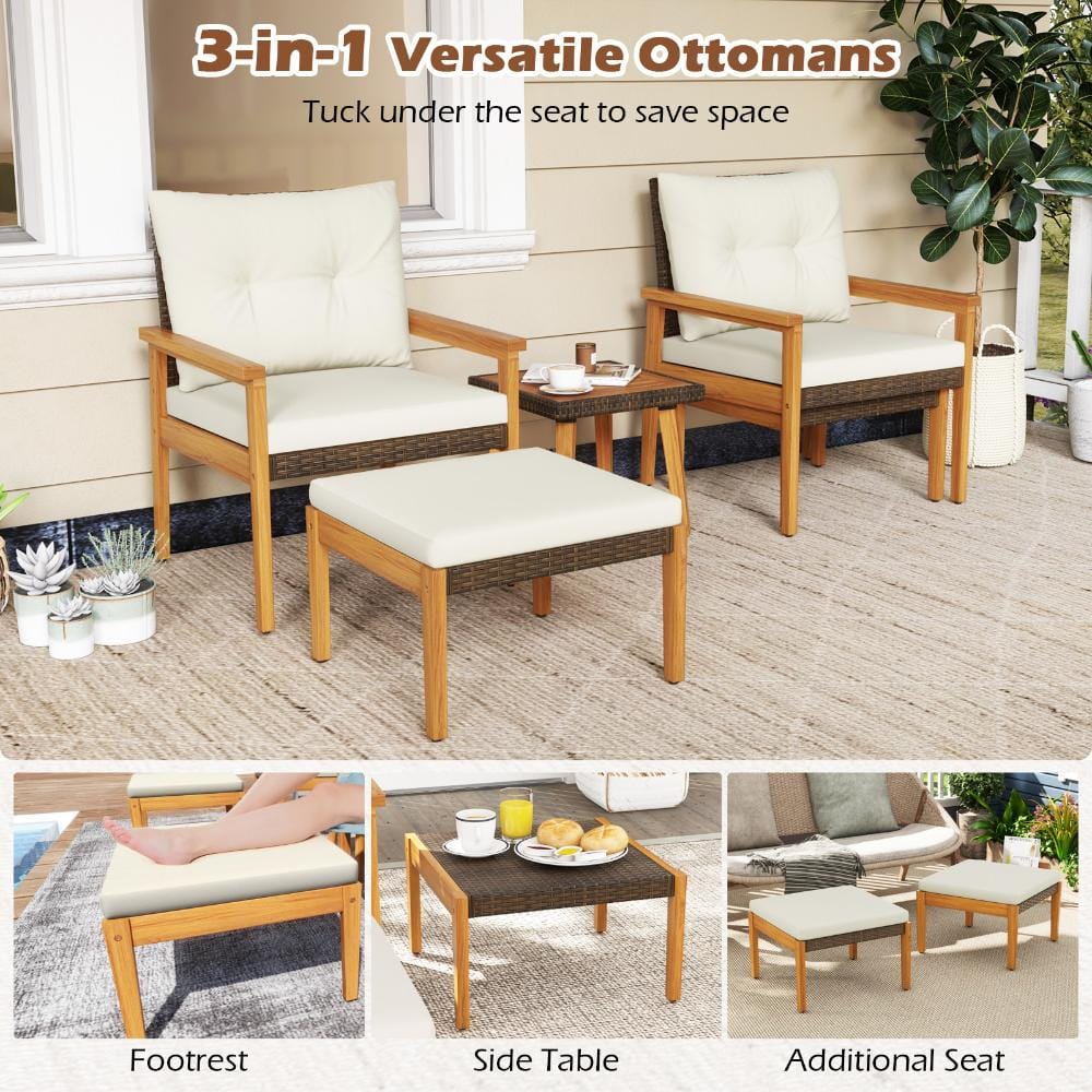 Infographic showing the versatile uses of the ottomans as a footrest, side table, or additional seat.